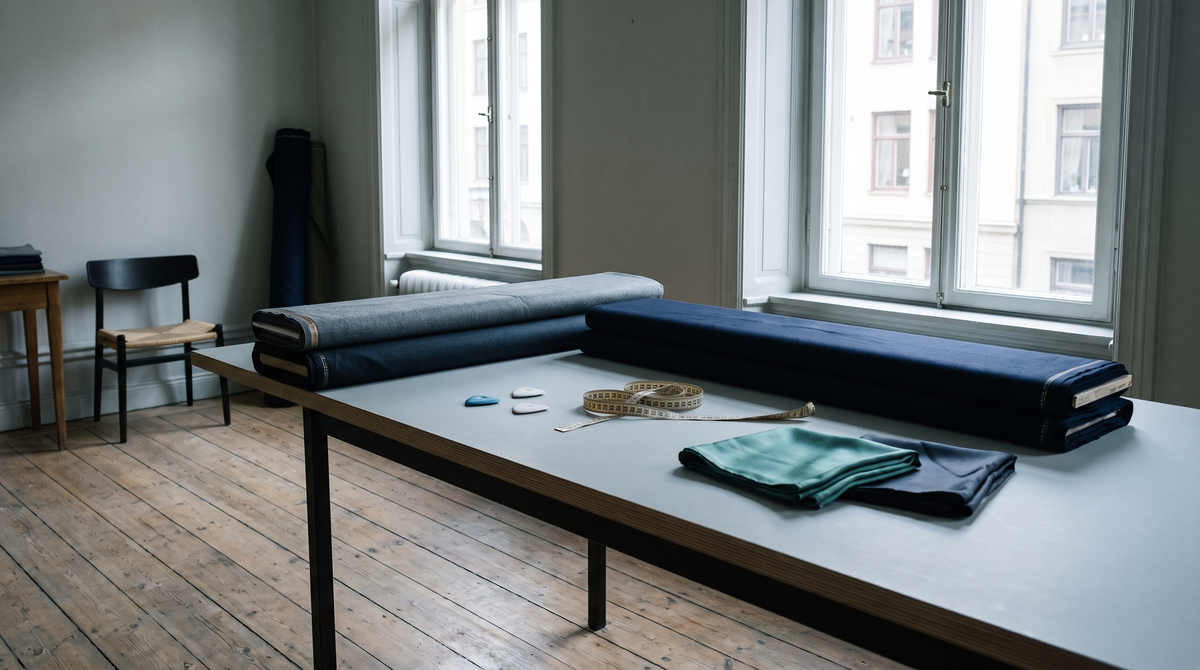 Tailor's worktable with wool suiting and silk squares